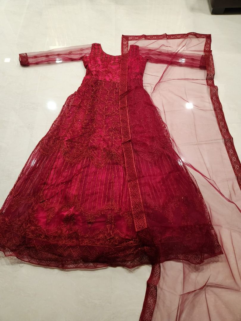 Purple Net material with stone work and embroidery Dark red stone