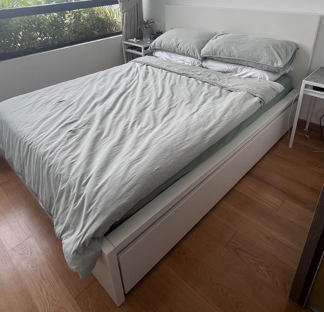 Queensized bed with storage plus mattress, Furniture & Home Living, Furniture, Bed Frames