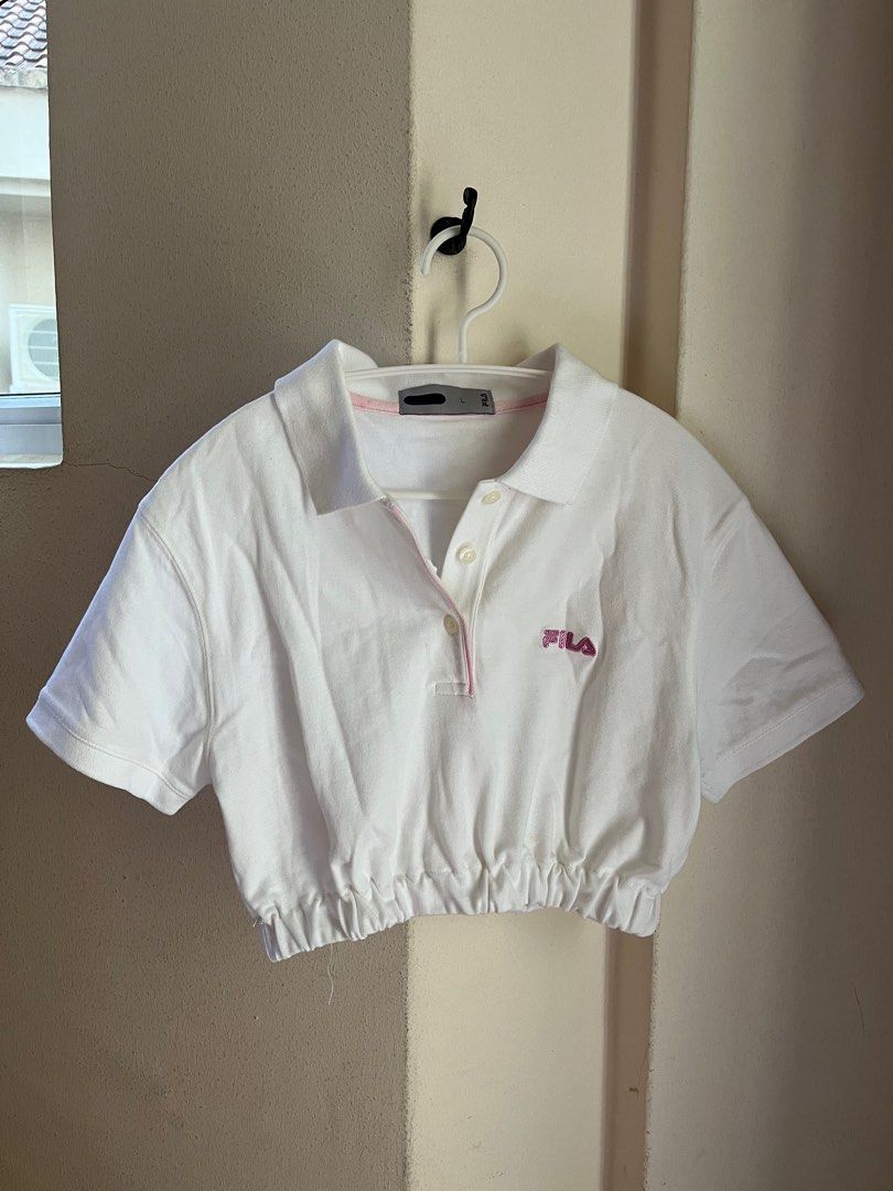White/Pink FILA Cropped Polo Tee, Women's Fashion, Tops, Shirts on - Main Image