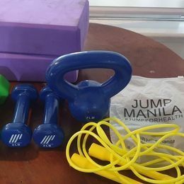 Yoga Block, Jump Rope, Dumbbells and Kettle ball