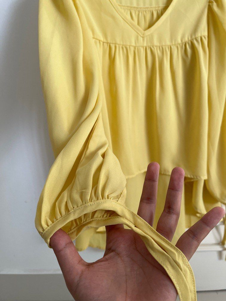 Zalora Sheer Blouse in light yellow worn ONCE