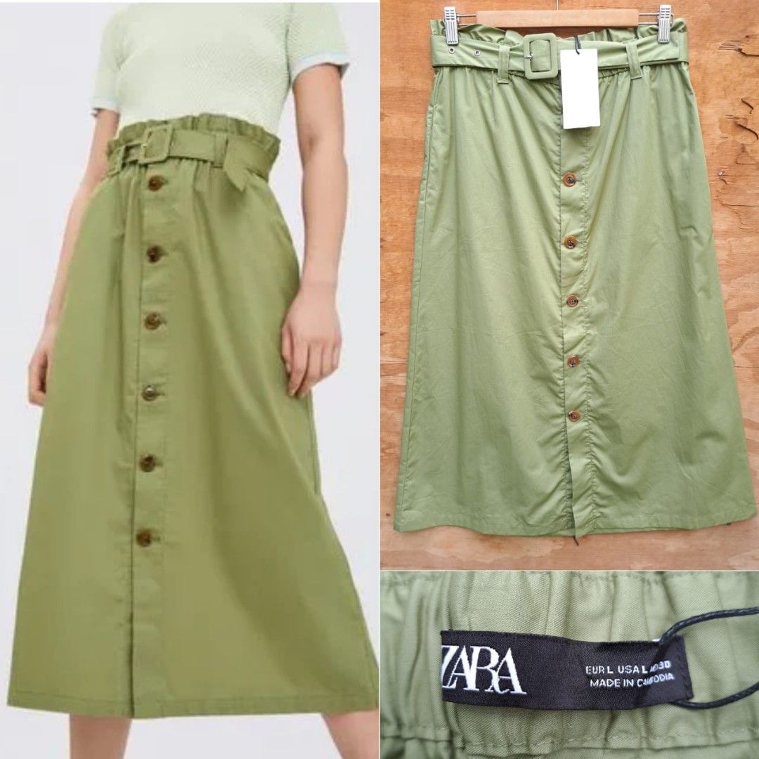 Zara Army Green Paperbag Waist Belted Skirt Women s Fashion