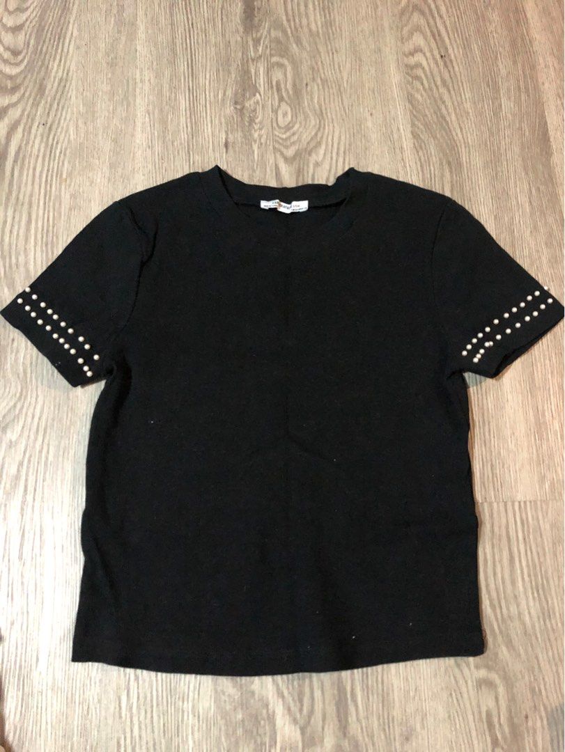 Women's Black Textured Top with Pearl Detail