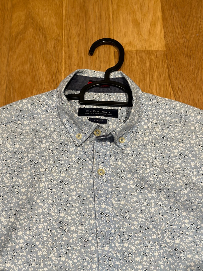 Zara slim fit light blue floral dress shirt size S, Men's Fashion, Tops