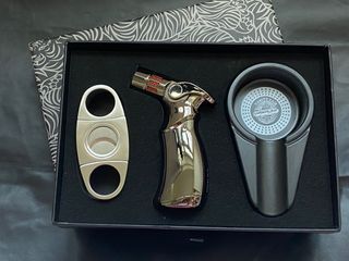四火焰直衝式 雪茄火槍  雪茄剪 煙灰缸 三件禮盒套裝 cigar torch  lighter box set