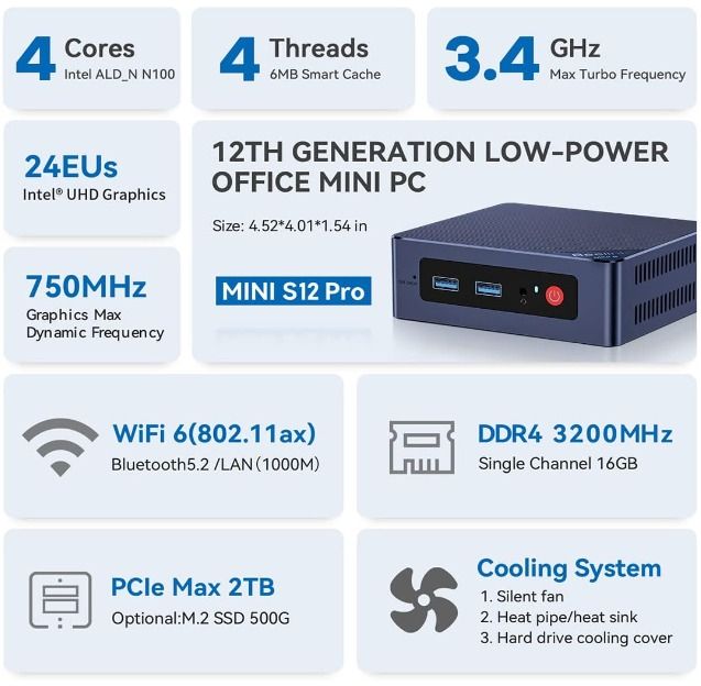 Beelink Mini PC SEi12, Intel Core i5-12450H 8-Core 12-Thread up to 4.40GHz,  16G RAM 500G PCIe 4.0 SDD, 4K Dual Display, WiFi 6 Bluetooth 5.2, USB 3.0  Type-C, Mini Desktop PC 