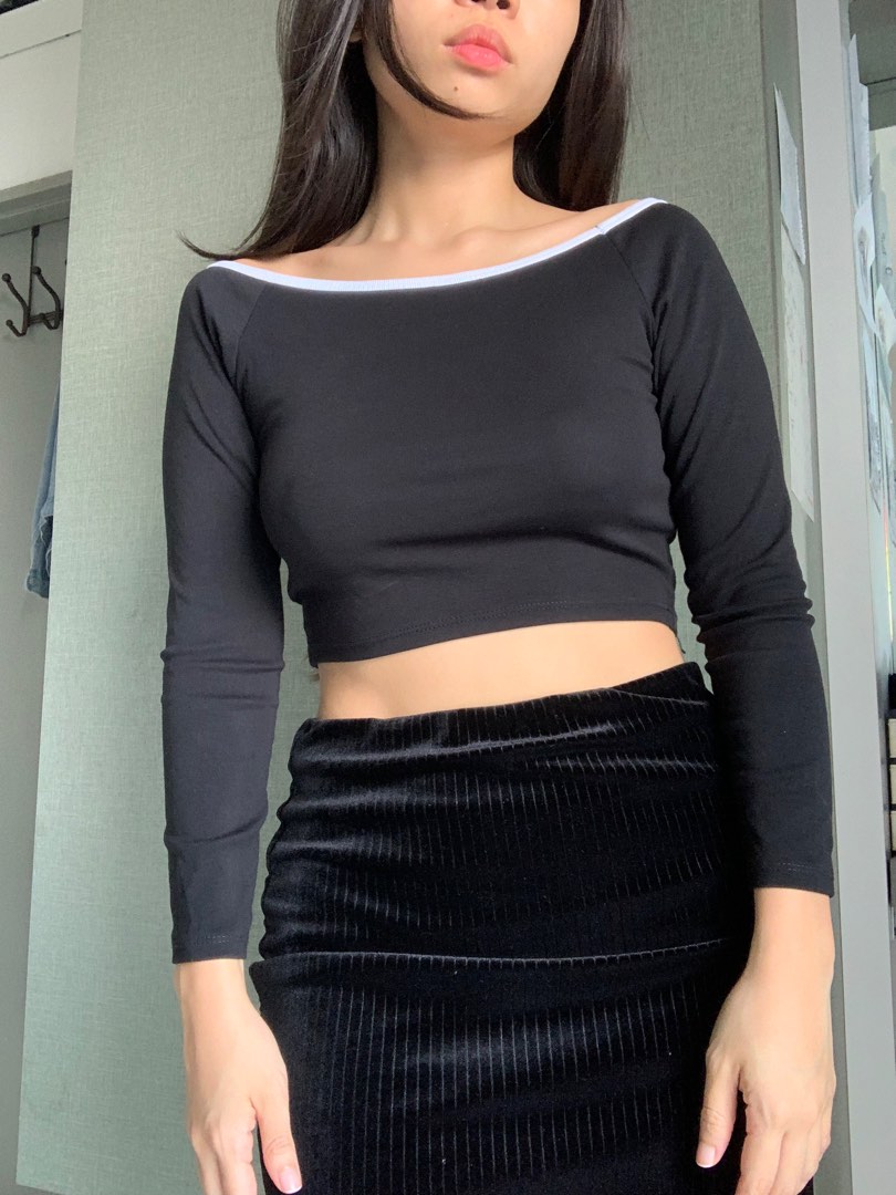 Black Ringer Crop Top, Women's Fashion, Tops, Longsleeves on Carousell