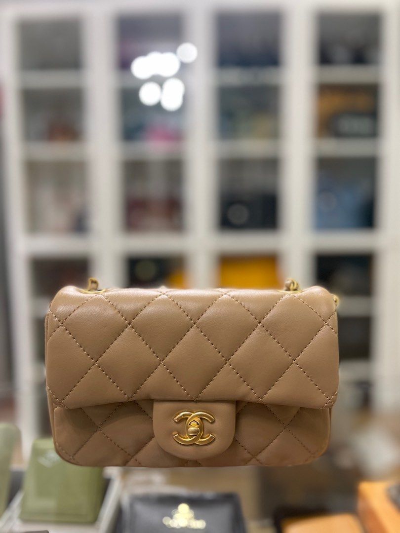 Chanel Mini Flap Bag With Heart CC Charm Dark Beige Lambskin Aged