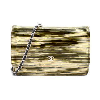CHANEL Yellow and Black Patent Calfskin Striped Wallet on Chain