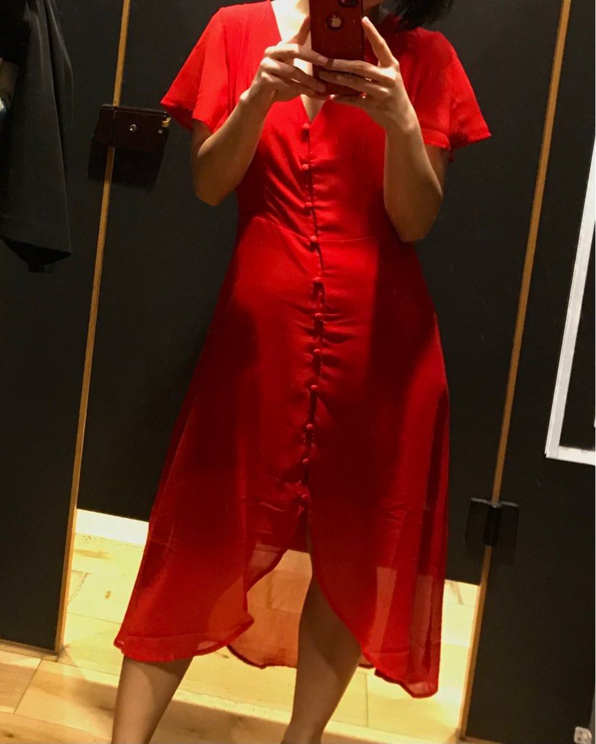 Cotton On red v neck flutter sleeve button through midi dress