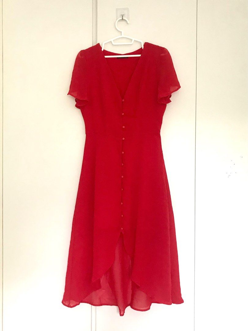 Red button through midi dress 2025