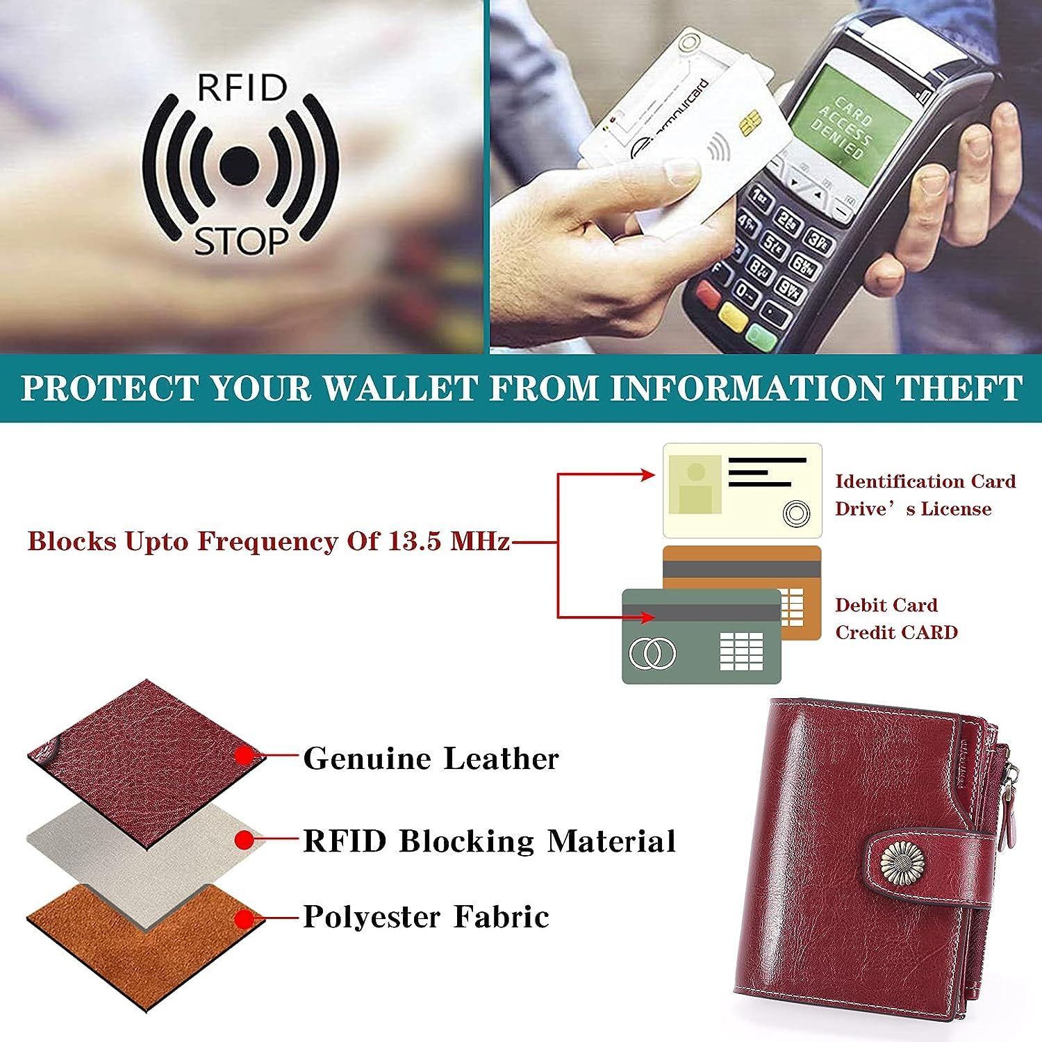 FALAN MULE Small Wallet for Women Genuine Leather Bifold Purse RFID  Blocking Card Holder 