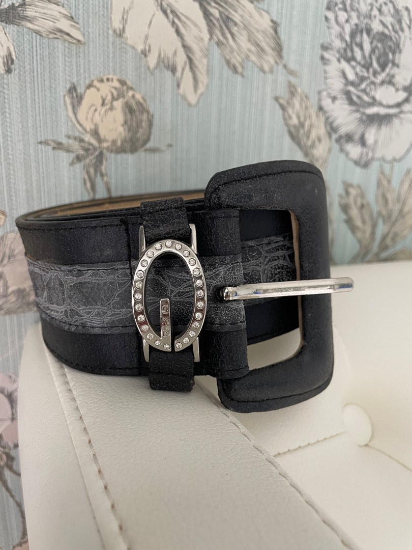 Guess Authentic Leather Grey Belt with Gemstones, Women's Fashion