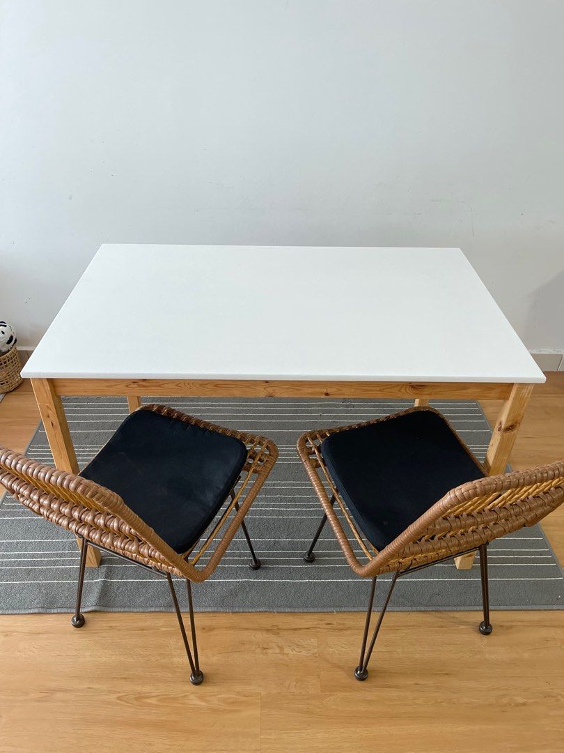 Table (solid pine + matte white) (Category: Tables & Sets) located in Shah Alam. Submitted by wanjiey (Listing ID 1254370932, Image 2). Description: 1) Ingo Ikea table (RM300) - with makeover. Top is matte white. - No stain. Like NEW! I just paint it into white. - can be use as study table or office table. 2) Rattan Chair (RM190 each) - 2 pcs available - steel leg. Thick and Very sturdy - like NEW - free cushion 3) GET FREE CARPET - if you purcha