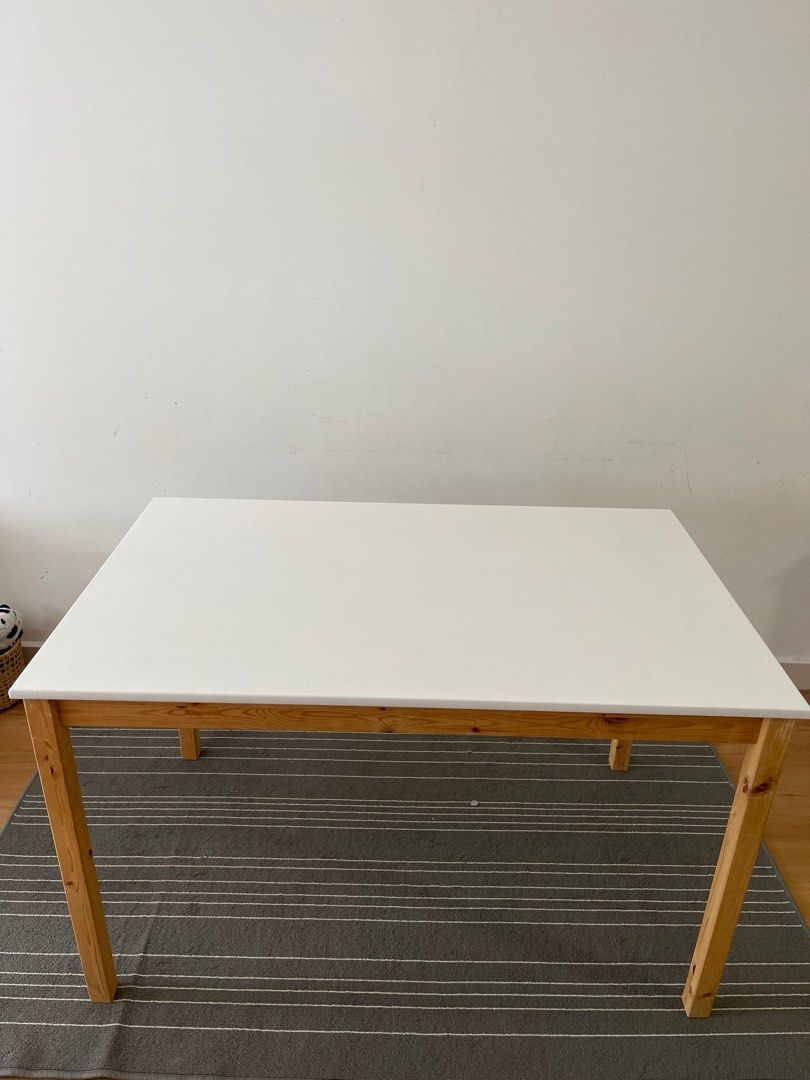 Table (solid pine + matte white) (Category: Tables & Sets) located in Shah Alam. Submitted by wanjiey (Listing ID 1254370932, Image 3). Description: 1) Ingo Ikea table (RM300) - with makeover. Top is matte white. - No stain. Like NEW! I just paint it into white. - can be use as study table or office table. 2) Rattan Chair (RM190 each) - 2 pcs available - steel leg. Thick and Very sturdy - like NEW - free cushion 3) GET FREE CARPET - if you purcha
