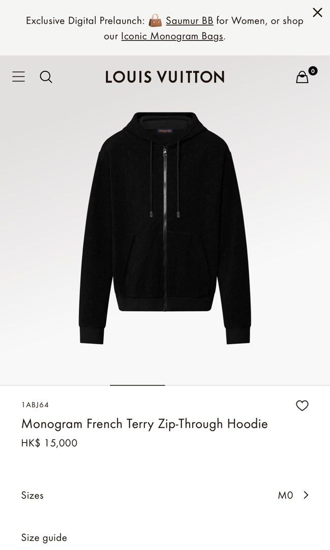 Louis Vuitton Monogram French Terry Zip-Through Hoodie BLACK. Size XL