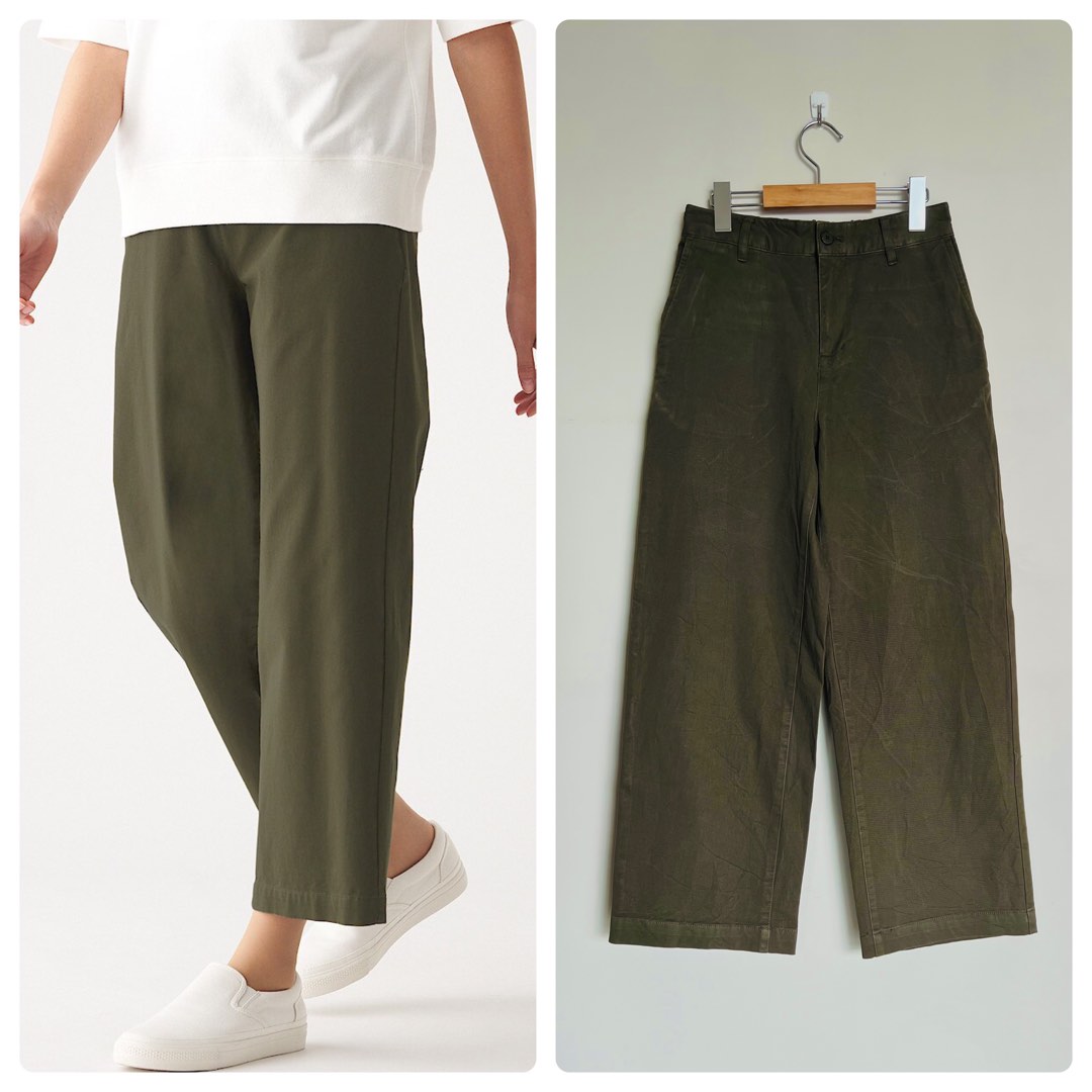 MUJI Khaki Green 4-way Stretch Easy Wide Pants (S), Women's Fashion ...