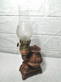 Old Mini Ceramic Pot Belly Stove Oil Lamp 9" Tall with Clear Glass Chimney " LAMPARA " Display Decor Vintage & Collectible