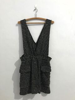 Original Zara Tweed Jumpsuit Overall Black Wanita