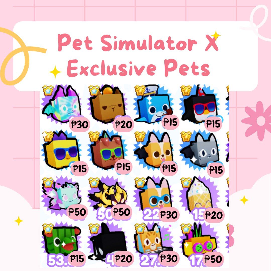 Pet Simulator X Exclusive Pets (Category: In-Game Products) located in Caloocan City. Submitted by petsimxshoppe (Listing ID 1196383841, Image 3). Description: Kindly click each pic to see the whole list and prices. Pet Simulator X, commonly referred to as PSX, is the third iteration of the Pet Simulator series. The game is about collecting coins & gems to unlock powerful pets. Coins can be used to hatch pets from eggs and purchase new biomes. Ne