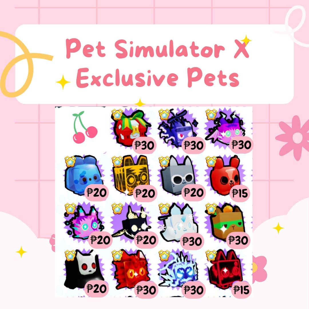 Pet Simulator X Exclusive Pets (Category: In-Game Products) located in Caloocan City. Submitted by petsimxshoppe (Listing ID 1196383841, Image 1). Description: Kindly click each pic to see the whole list and prices. Pet Simulator X, commonly referred to as PSX, is the third iteration of the Pet Simulator series. The game is about collecting coins & gems to unlock powerful pets. Coins can be used to hatch pets from eggs and purchase new biomes. Ne