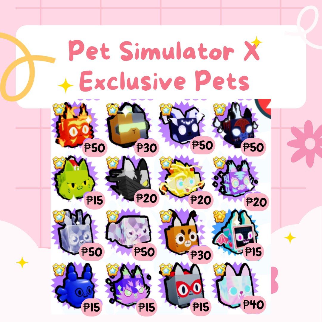 Pet Simulator X Exclusive Pets (Category: In-Game Products) located in Caloocan City. Submitted by petsimxshoppe (Listing ID 1196383841, Image 2). Description: Kindly click each pic to see the whole list and prices. Pet Simulator X, commonly referred to as PSX, is the third iteration of the Pet Simulator series. The game is about collecting coins & gems to unlock powerful pets. Coins can be used to hatch pets from eggs and purchase new biomes. Ne