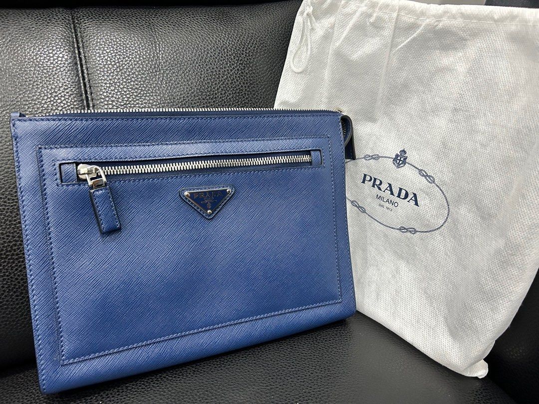 Prada Saffiano Leather Zipped Men Clutch Bag Blue Luxury Bags Wallets on Carousell