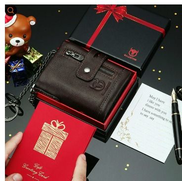 PREMIUM Leather Men Wallet Trifold Dompet Coin Purse Card Holder Money Bag with Chain Gift for Husband Boyfriend HKS2705