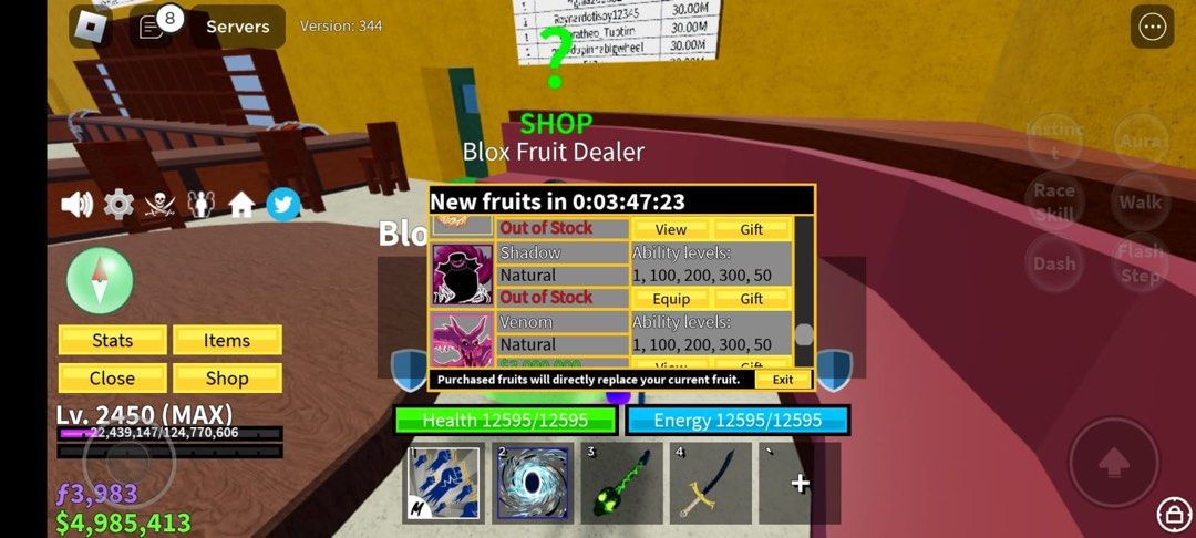 Blox Fruit : Level 2450, 4 V4 RACE HUMAN / SHARK / RABBIT / ANGEL, HAS  Dark Blade and Gamepasses, Perm Light and Ice, Awake Dough, Unlocked All  Fighting Style, Has Good Fruit in Inventory