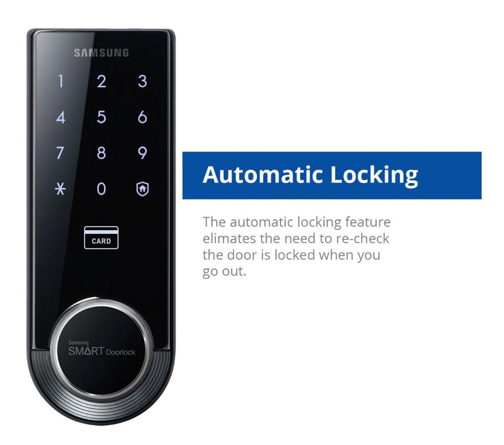 SAMSUNG SHS-3321 Smart Lock (Item Code 586) (Category: Locks, Doors & Gates) located in Marikina City. Submitted by skowshop (Listing ID 1254340454, Image 2). Description: About this item: Technical Specs: Access Mode PIN, Card Power AA Alkaline batteries x 8 (DC 6V) Max User Memory 1 Master User (PIN), 30 User Registration, including PIN and key tags Battery Life Approximately 10 months (Average 10 times per day) Weight 1.8 kg (including both in