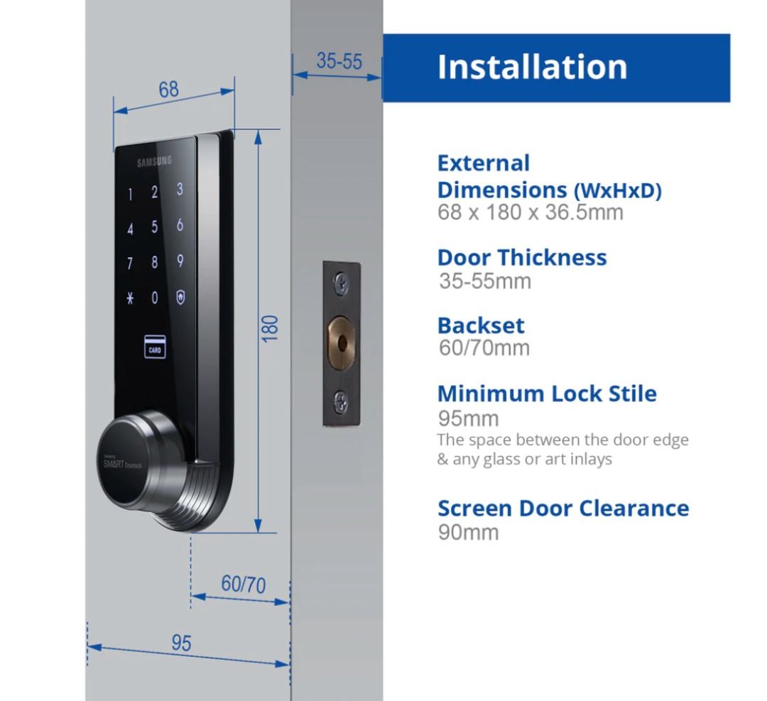 SAMSUNG SHS-3321 Smart Lock (Item Code 586) (Category: Locks, Doors & Gates) located in Marikina City. Submitted by skowshop (Listing ID 1254340454, Image 3). Description: About this item: Technical Specs: Access Mode PIN, Card Power AA Alkaline batteries x 8 (DC 6V) Max User Memory 1 Master User (PIN), 30 User Registration, including PIN and key tags Battery Life Approximately 10 months (Average 10 times per day) Weight 1.8 kg (including both in