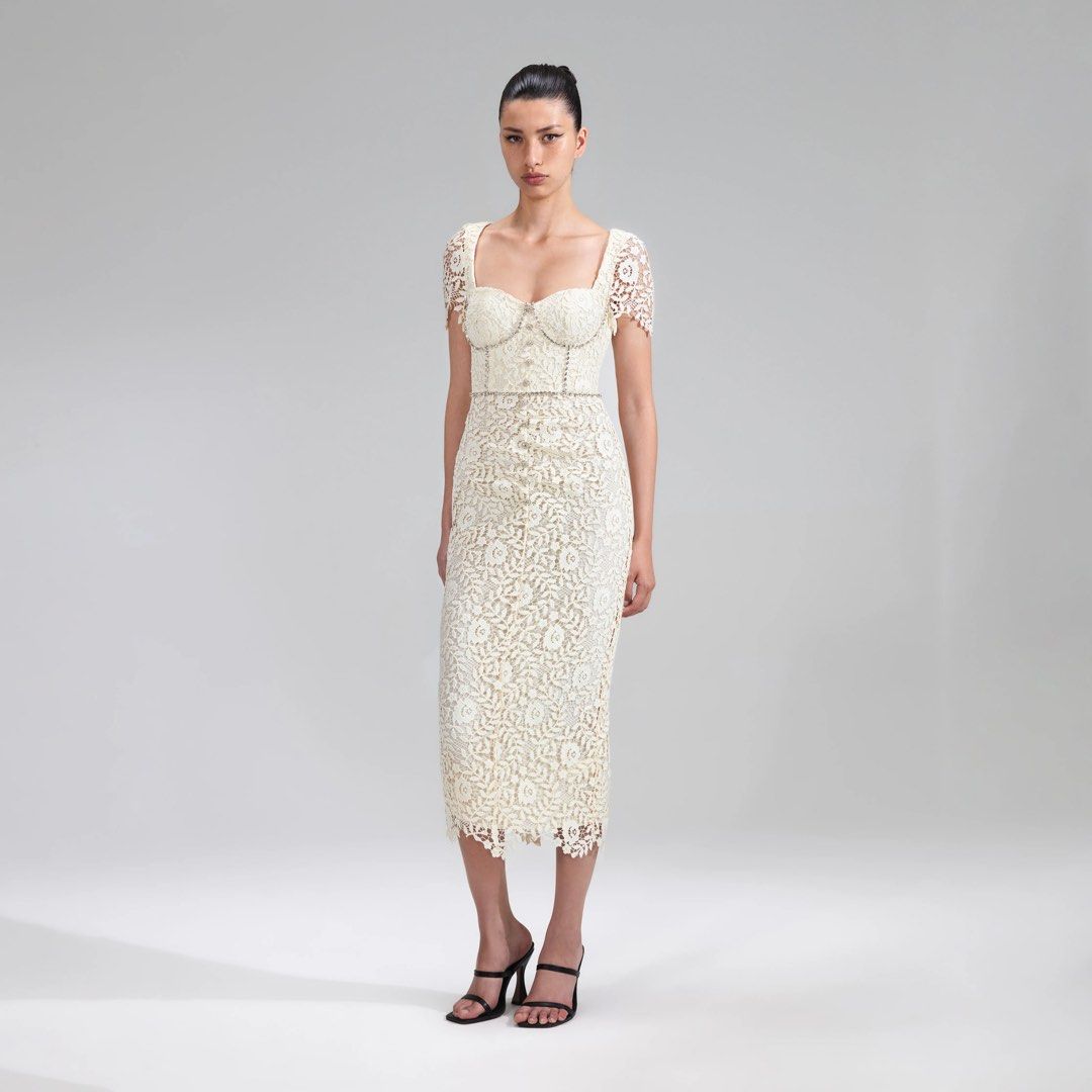 Self Portrait Cream Rose Lace White Midi Dress Off-White Ivory Sweetheart  Square Neckline Vintage Romantic Feminine Classic ROM Wedding Diamanté  Buttons Trim, Women's Fashion, Dresses u0026 Sets, Dresses on Carousell