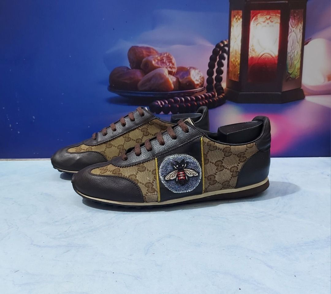 Sepatu Gucci Brown Beige Leather And GG Canvas Low Top Sneaker 202744 size 41 5