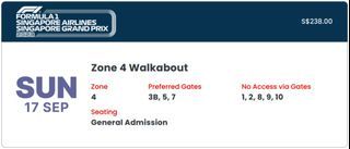 Singapore GP ticket - Zone 4 walkabout for race day (Sun 17th Sep)