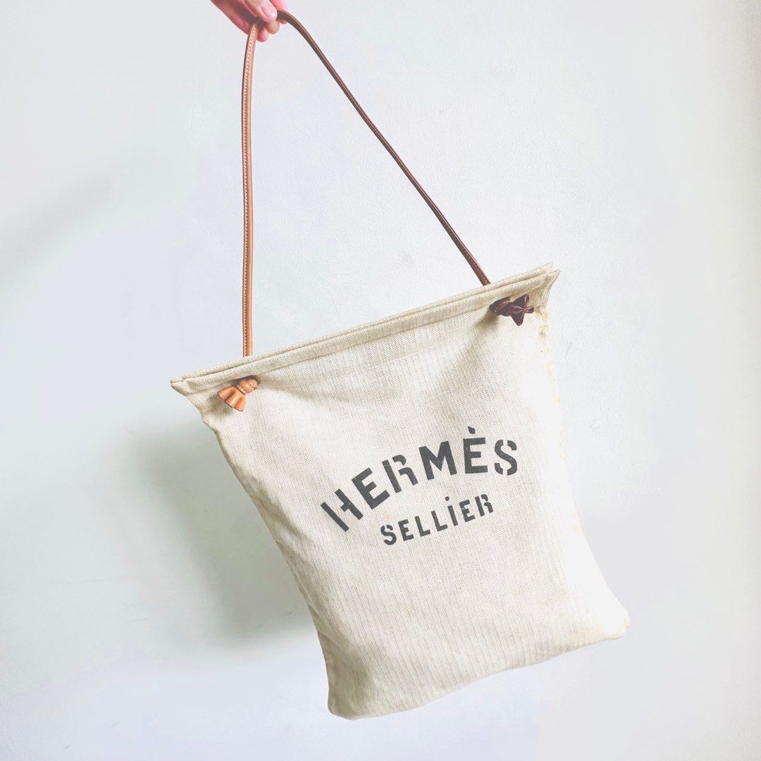 STEAL Hermes Aline White Toile Gold Leather Sellier Grooming