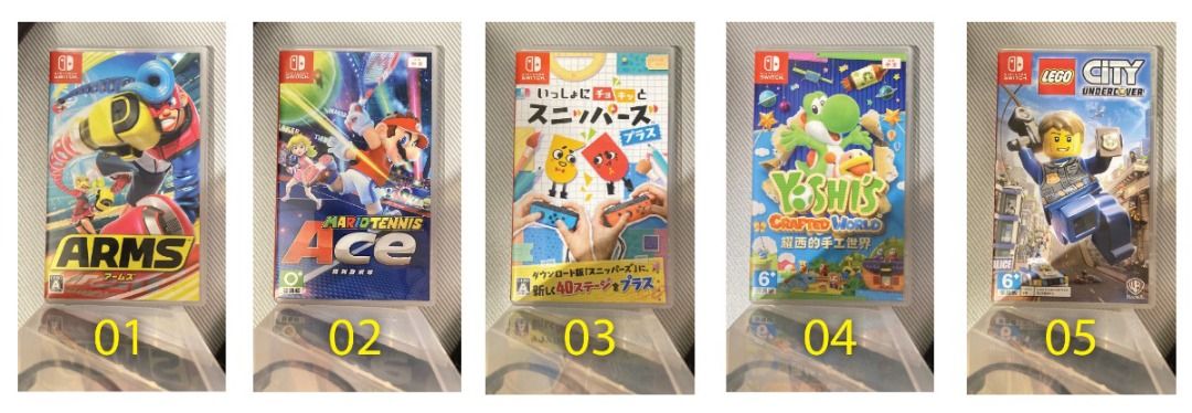 switch games （分類：Nintendo 任天堂）位於 Hong Kong。 由 newflower.e6567c 提交（商品編號 1254379324，圖片 1）。簡介： (已沒有) Switch ARMS (已沒有) Switch Mario Tennis Ace 03. $230 Switch 你裁我剪！斯尼帕Plus 04. $280 Switch 耀西的手工世界 Yoshi’s Crafted World 05. $160 Switch 樂高®小城：臥底密探 LEGO® CITY Undercover (已沒有) Switch ZELDA 薩爾達傳說・無雙 災厄啟示錄 07. $280 Switch R-Type Final 2 08. $200 Switch ULTRA STREET FIGHTER® II The Final Challengers 09. $600 Switch 全新未開 勇者鬥惡龍 英雄集結 1・2 (日本語) 10. $300 Switch 