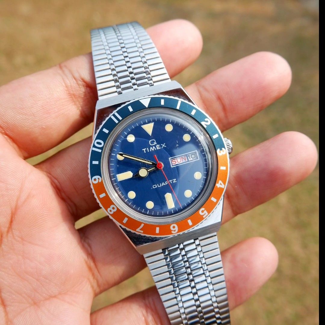 Timex Q Reissue Pepsi Orange Bezel, Fesyen Pria, Jam Tangan di Carousell