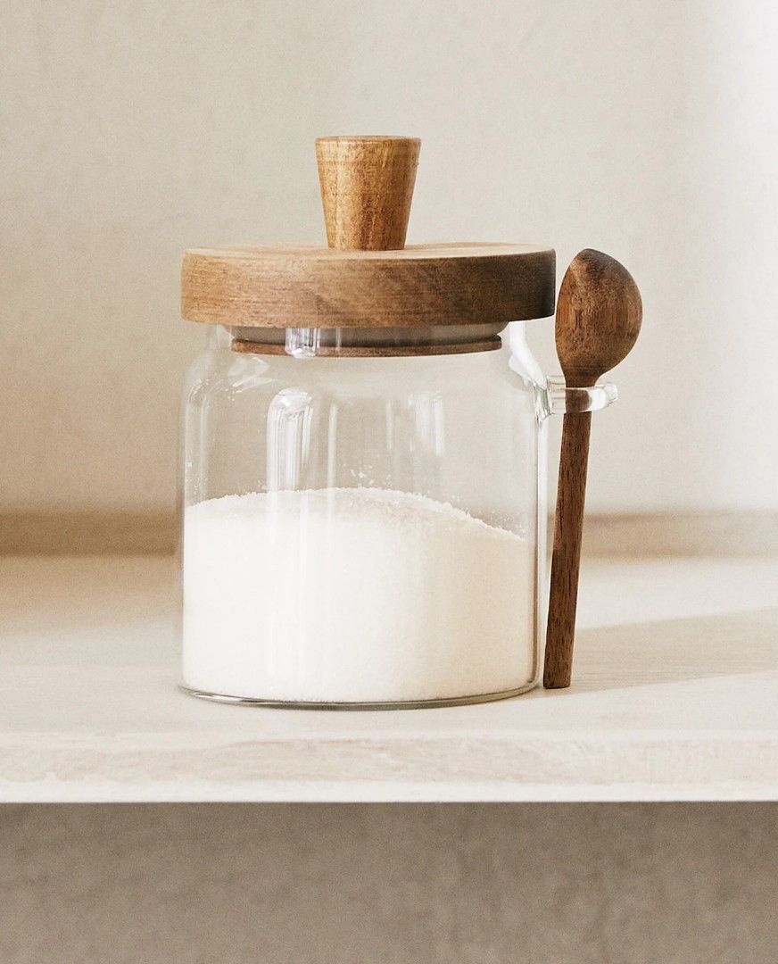 BOROSILICATE GLASS AND WOODEN SUGAR BOWL