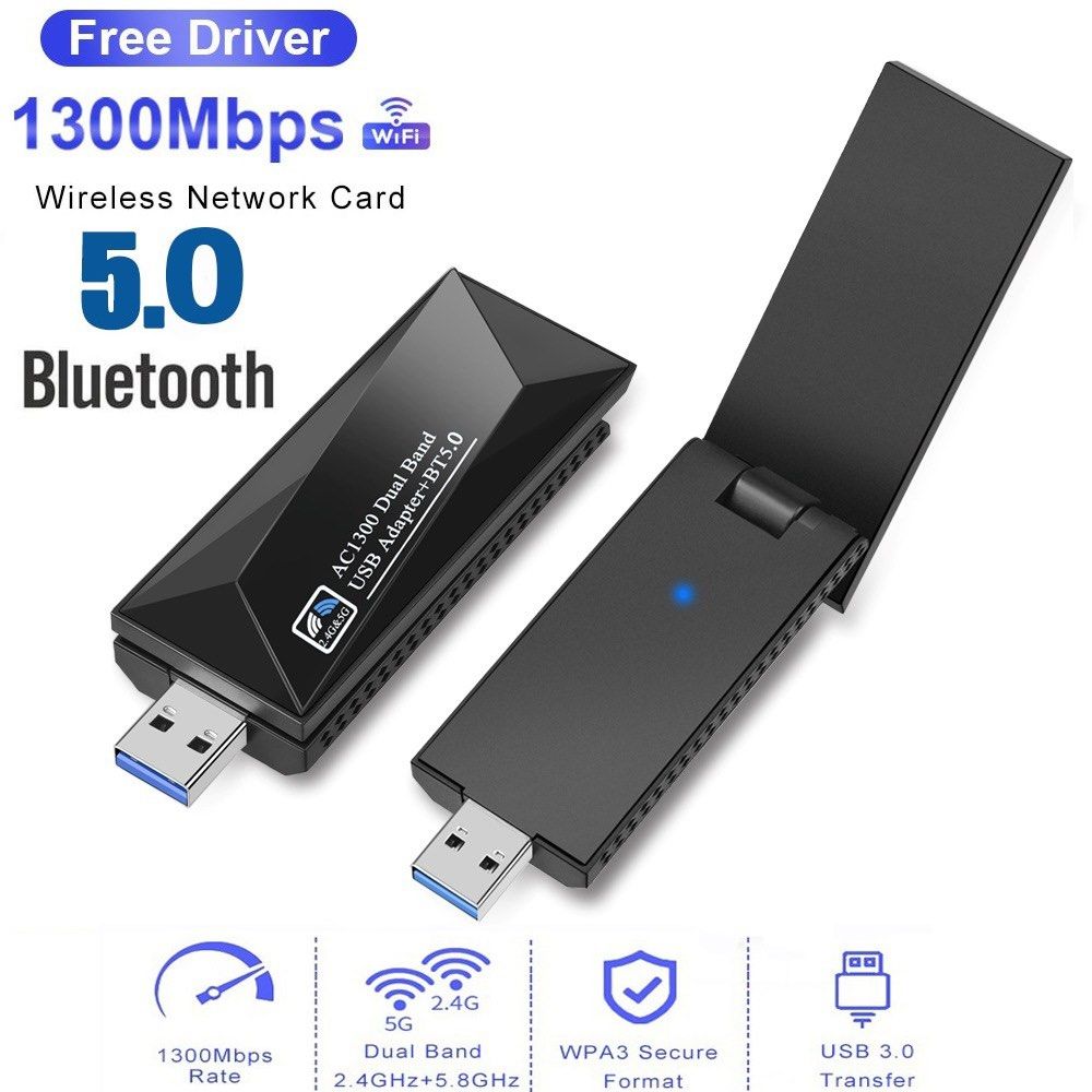USB WiFi Bluetooth Adapter, 1300Mbps Dual Band 2.4/5Ghz Wireless Network  External Receiver, Mini WiFi Dongle for PC/Laptop/Desktop 