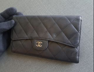 真品 chanel 香奈兒翻蓋羊皮長夾 商務型 黑銀 羊皮 菱格 小香 二手夾 正品真皮