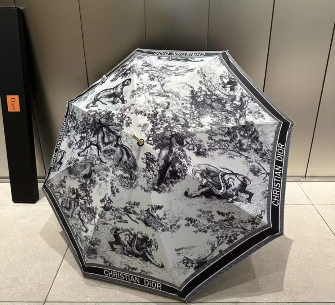 🌟全新DIOR迪奧直杆長傘正品經典晴雨兩用傘防曬紫外線傘黑白色, 興趣及