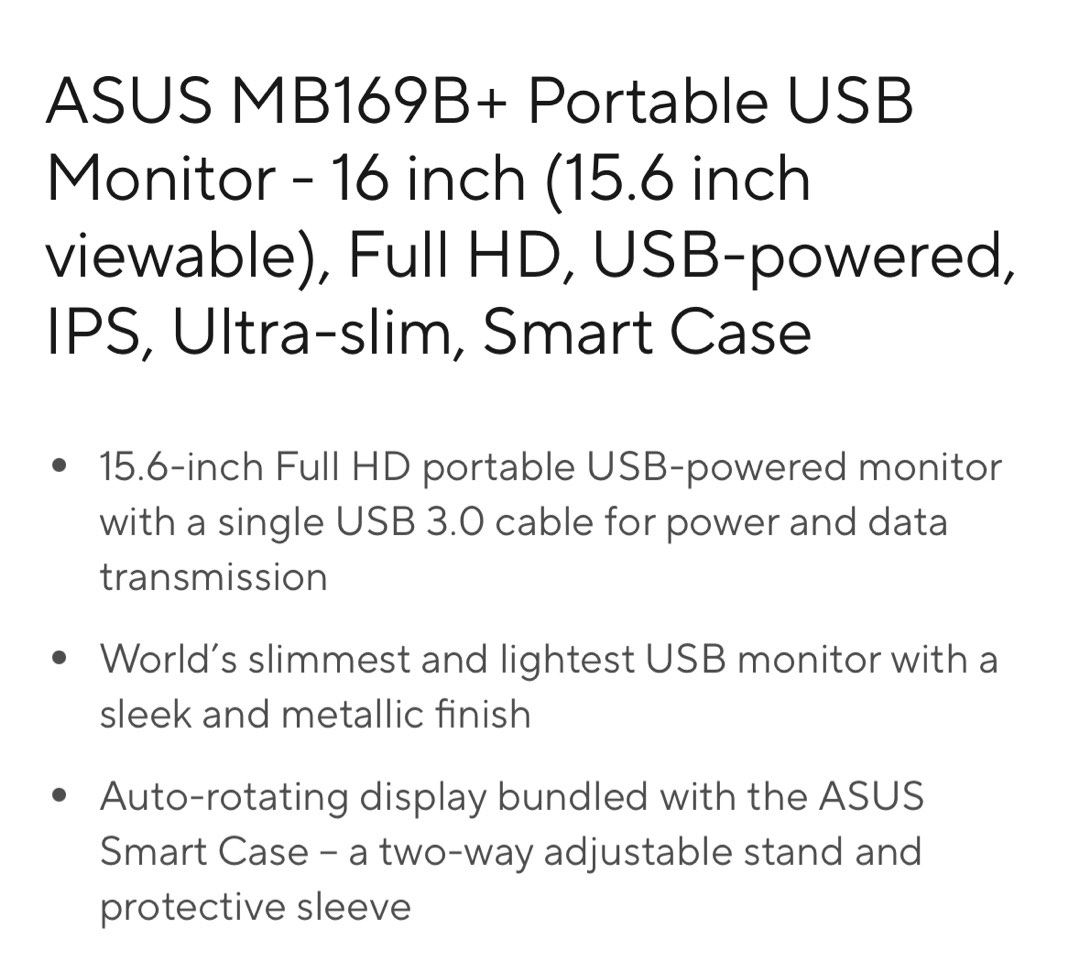 Asus MB169B Portable Monitor 15.6 inch, Computers & Tech, Parts