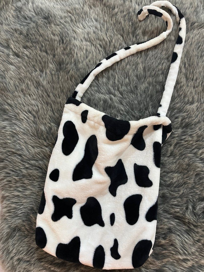 Fluffy cow print tote bag sales
