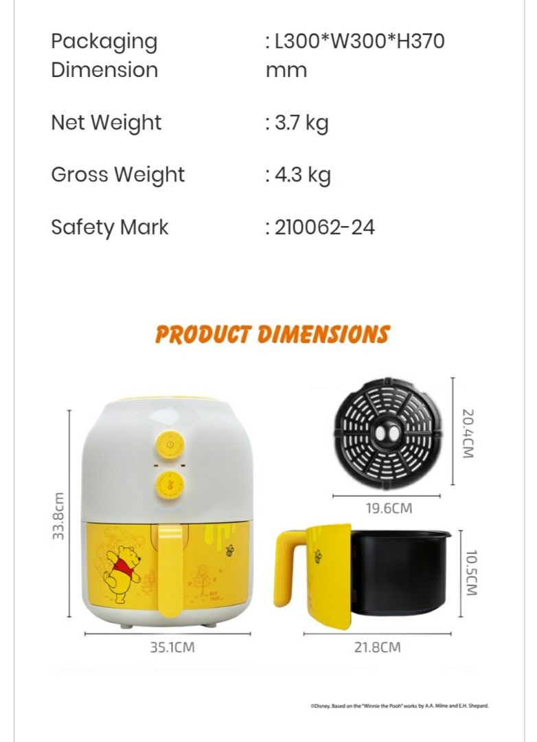 Disney X Mayer Air Fryer Winnie The Pooh (3.5L), TV & Home Appliances