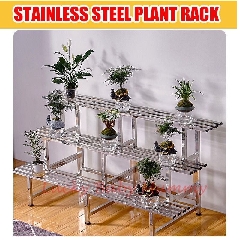 3-tier 120cm LARGE Garden Stainless Steel Pots Plant Stand Rack Chrome  Outdoor