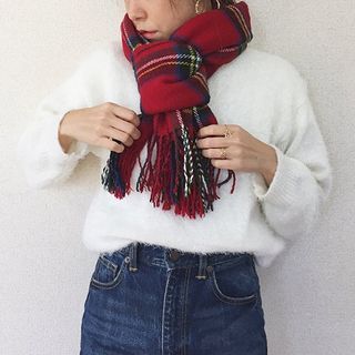 GU Wool Blend Check Scarf Muffler Scarves Red Tartan Plaid Winter One Size UNIQLO