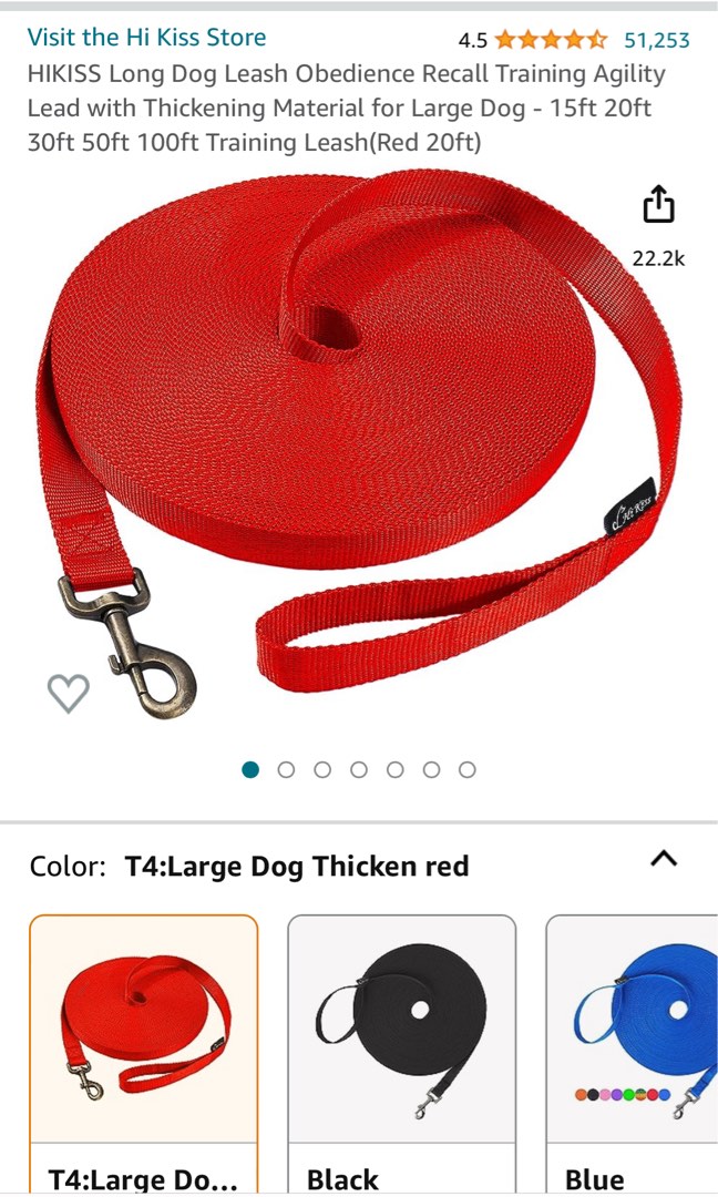 Amazon US HiKiss 20ft Long Training Leash Thickened version Red