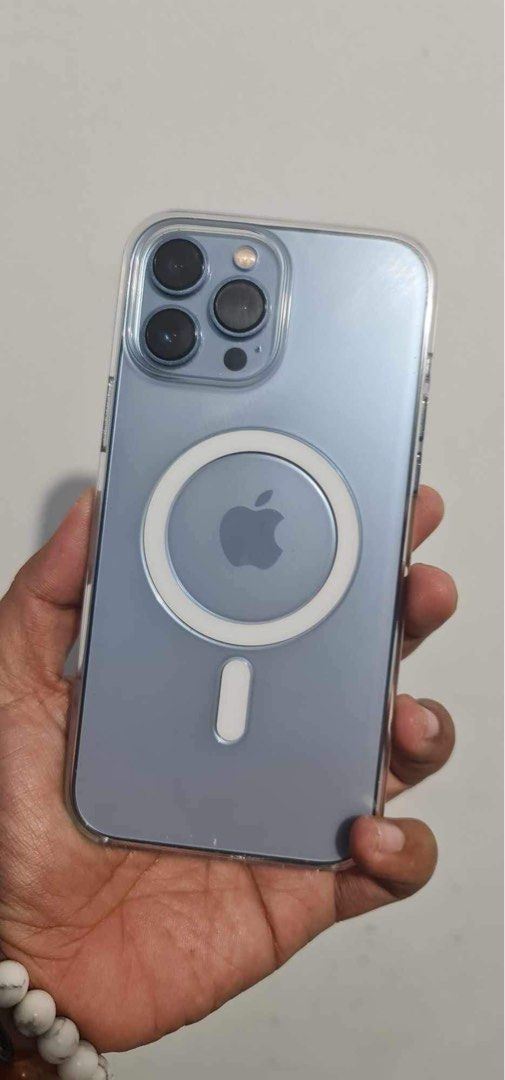 Iphone 13 pro max (Category: iPhone 13 Series) located in Dagupan City. Submitted by dj_uneek (Listing ID 1254596566, Image 1). Description: Iphone 13 Pro Max 256gb Sierra Blue Complete with Box same imei 100% original 100% working 88% battery health With original apple clear mag case worth 2.9k Presentable Pangasinan Area Rfs back to android.