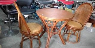 JAPAN RATTAN/ WOOD 2 SEATER DINING TABLE WITH 2 HIGH BACK SWIVEL CHAIRS
