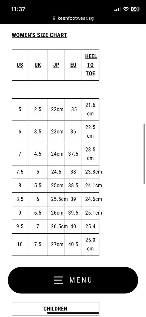 Keen uneek size chart outlet